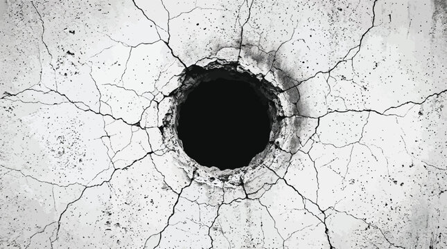 Concrete wall background -with cracked surface and black impact hole in center