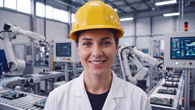 Automated electronics manufacturing facility with female engineer in robotic assembly line for smart factory quality control and industrial technology production