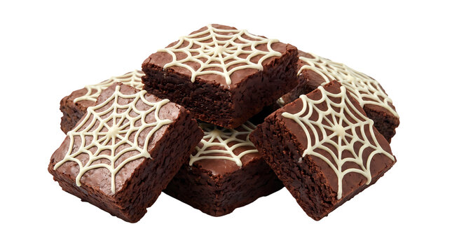 Group of chocolate brownies decorated with white spider web icing for halloween.