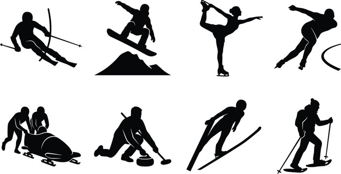 Winter sports silhouettes icon set featuring alpine skiing snowboarding figure skating speed skating bobsled curling ski jumping snowshoeing