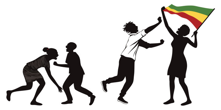 Silhouettes of people celebrating victory with rainbow flag celebration
