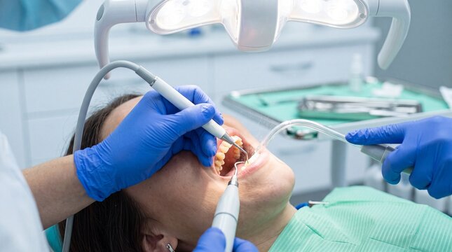 A dentist wearing blue gloves using dental tools to examine the teeth of a patient in a ad social media download thambnail poster web template event festival 2026 2027 2028