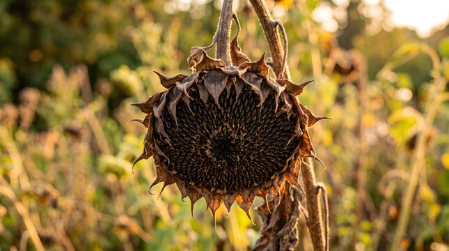 Dried sunflower head with mature seeds growing in an agricultural field