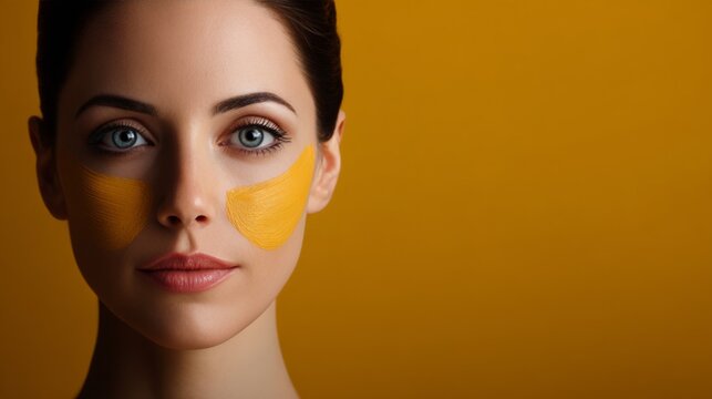 Bright beauty routine with golden mask on fresh skin