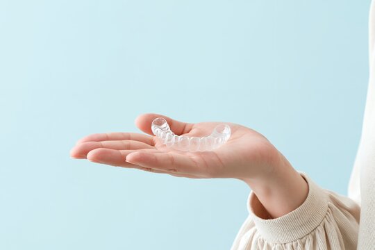 女性の手のひらに乗る透明な歯列矯正用マウスピース