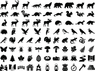 Obraz premium Woodland wildlife, forest animals, birds, insects and outdoor camping black silhouette vector icon collection with nature symbols