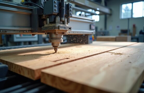 CNC machine cuts wood panels with precision in workshop. Sawdust flies as router shapes material. Automated cutting creates custom wood parts for building and furniture.
