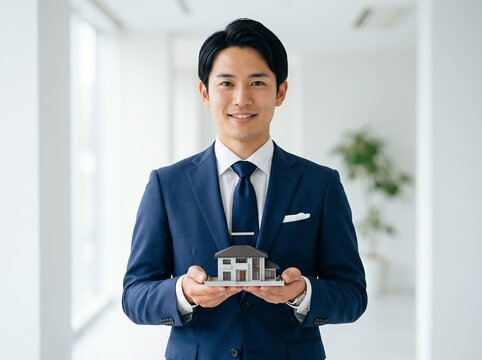 不動産営業の男性が住宅模型を笑顔で紹介
