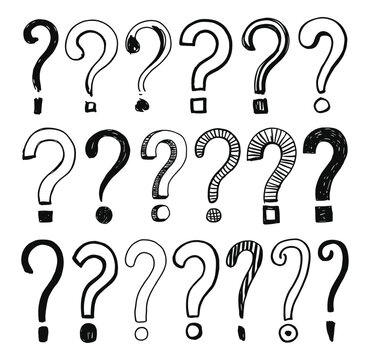 Collection of eighteen hand drawn question mark symbols in black ink on a white background featuring various line weights textures and doodle styles including hatched striped and solid fill shapes