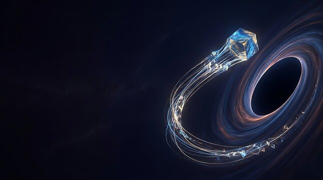 Glowing crystal cube orbiting a black hole in deep space
