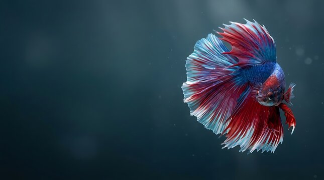 Colorful siamese fighting fish with flowing fins on dark background