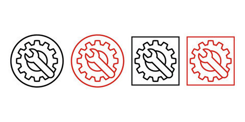 Industrial gear and wrench icons, mechanical repair and maintenance symbols in circle and square frames, technical service vector set