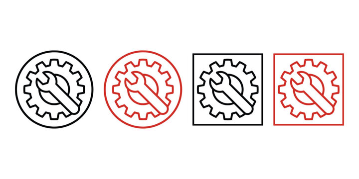 Industrial gear and wrench icons, mechanical repair and maintenance symbols in circle and square frames, technical service vector set