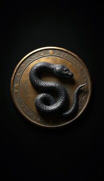 Black snake coiled on golden circular disc. Reptile shaped like letter Lies on metal bronze coin against dark background. Symbol of infinity, alchemy theme concept. Ancient mystical design element