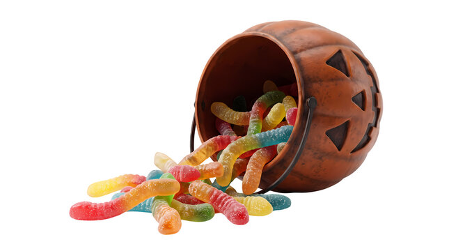Orange pumpkin bucket overflowing with gummy worms candy spill.