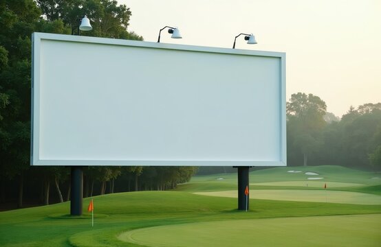 Empty white billboard frame stands on green golf course grass. Large blank sign poster displays advertisement mock up for brand sponsor. Outdoor field landscape features summer nature scenery with