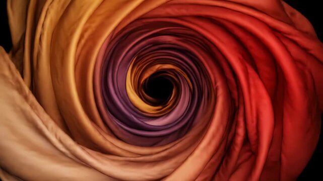 Abstract spiral vortex of purple and gold silk fabric