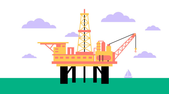 Flat vector illustration of an offshore oil drilling rig platform on green ocean with purple clouds, illustrating petroleum extraction industry, representing global energy production