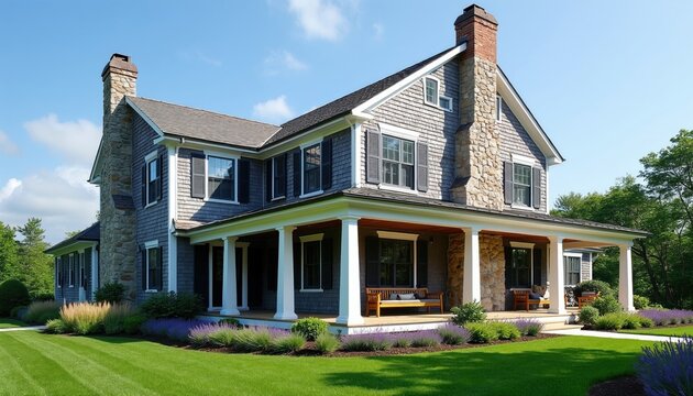 Large grey shingle house with stone chimney and front porch. Blue shutters on windows and white columns on porch. Manicured lawn with lavender plants and trees.