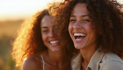 Fototapeta premium Two young women with curly hair laugh together outdoors in warm golden hour light. Friends share a happy moment of connection and pure joy, best friends bonding. Authentic lifestyle photo.