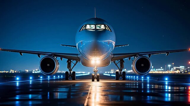 White passenger jet on glowing runway at night