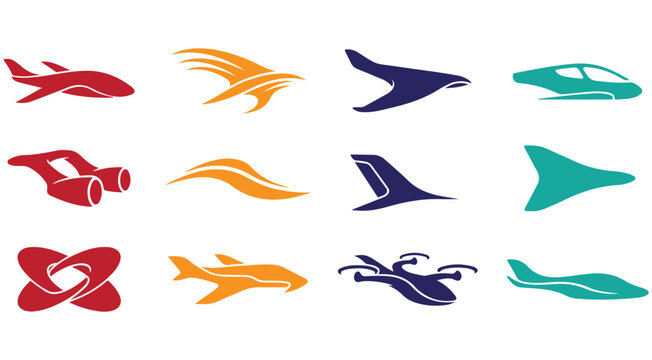 Abstract aviation and flight logo icons set with airplane jet drone and aerodynamic speed shapes vector illustration
