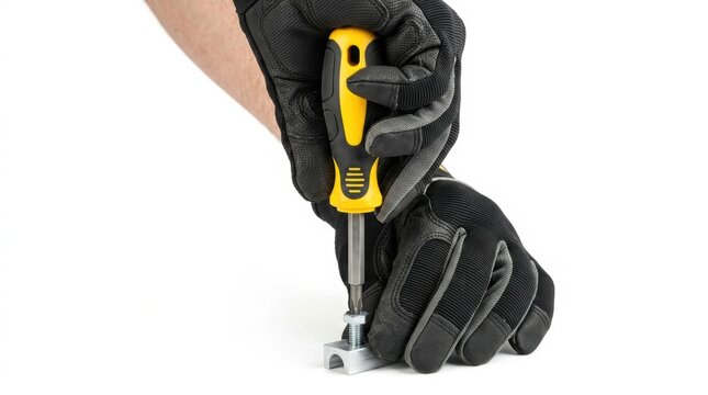 Hands wearing black work gloves tightly grip yellow and black screwdriver turning screw into metal bracket