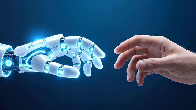 Robotic hand reaching toward human hand against dark blue background. Concept of human-robot interaction and artificial intelligence. Static close-up shot.