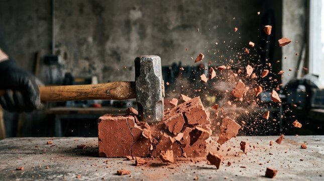 Sledgehammer striking red brick causing it to shatter into numerous pieces mid air