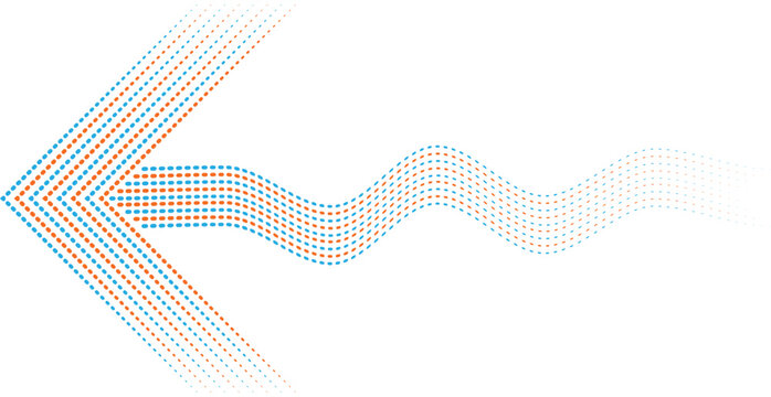 Left-pointing arrow shape composed of wavy, dotted lines in alternating blue and orange colors on a white background