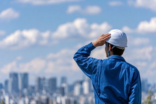 青空の下未来を見据え敬礼するヘルメットの男性