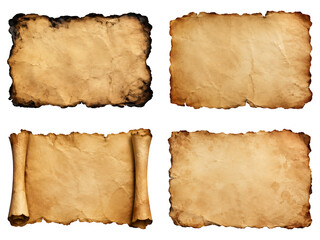 Fototapeta premium Vintage Burnt Paper Collection with Charred Edges Rolled Scroll and Aged Parchment Textures Isolated on Light Background 
