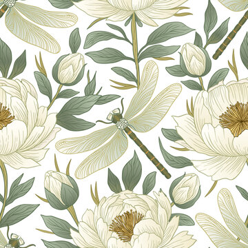 Whimsical Vintage Peony Dragonfly Art Nouveau Seamless Pattern Rose Floral Motif Background