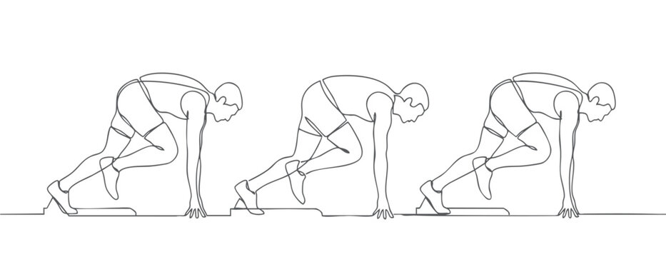 Continuous one line drawing of sprinter in starting position on running track, repeated sequence illustrating race preparation, speed, athletic performance, and sprint competition isolated on white ba