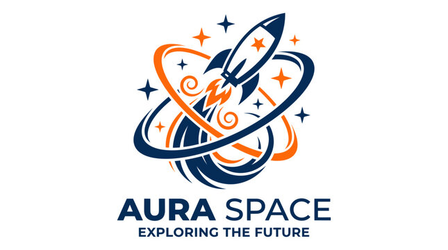 Rocket ship logo with orbital rings and stars for Aura Space exploring the future startup concept