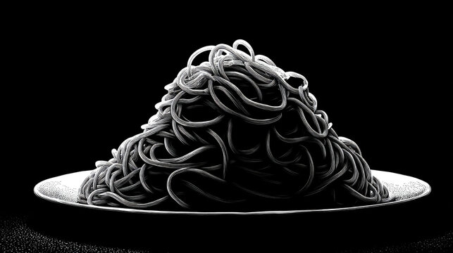 Plate of cooked spaghetti pasta on black background with spaghetti.