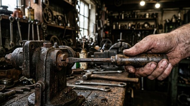 Close up of a dirty calloused hand holding a chisel against a rusty metal machine in a workshop