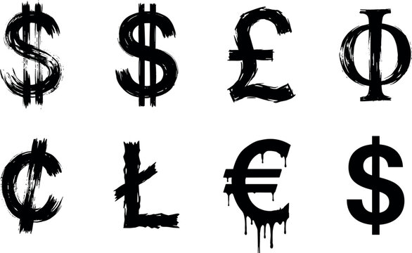 Global currency symbol vector set with brush strokes dripping spray paint euro dollar pound sterling and grunge financial icons