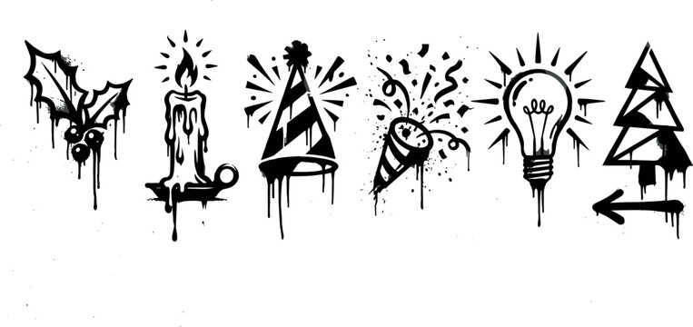 Christmas holiday graffiti icon set featuring dripping black spray paint holly candle party hat popper bulb and pine tree