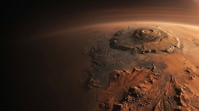 Orbital view of a giant shield volcano on a desolate desert planet