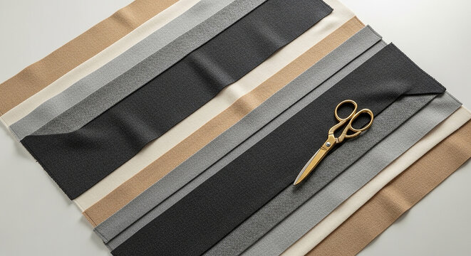 Striped Fabric Swatches with Vintage Scissors - Textile Design and Craftsmanship