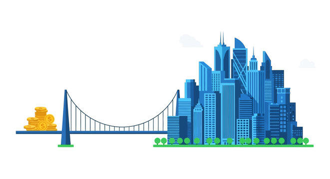 Modern Urban Finance Concept with Blue City Skyline Bridge and Gold Coins Vector Illustration for Business Growth and Investment