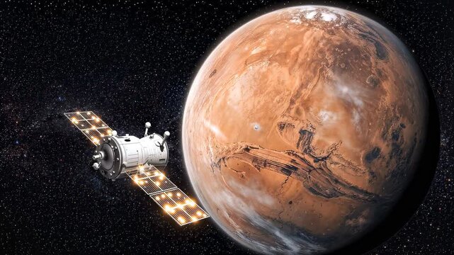 Research satellite orbiting planet Mars. Cinematic video of spacecraft with solar panels near celestial body.