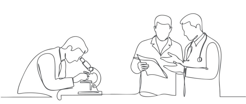 Continuous one line drawing of scientist examining specimen under microscope while doctors discuss medical report, symbolizing healthcare research, laboratory analysis, teamwork, diagnosis, and medica