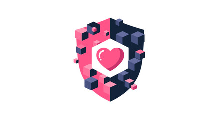 Fototapeta premium Abstract Isometric Shield with Heart Icon for Healthcare Cybersecurity, Data Protection, and Medical Insurance Concept