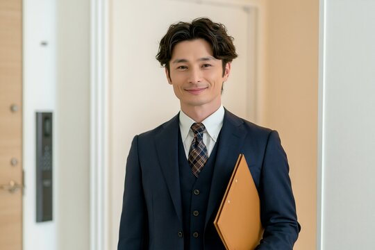 笑顔の日本人ビジネスマンが信頼とサービスを提供