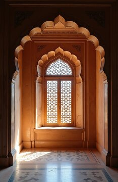 Ancient indian architecture with decorative arched window in old stone palace building. Ornate patterns inside temple structure glow under soft natural sunlight. Intricate wooden lattice