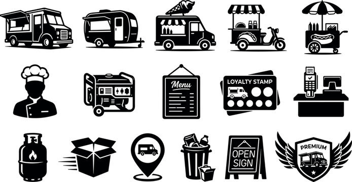 Food Truck and Catering Service Icon Set with Mobile Vans, Hot Dog Carts, Chef Avatars, Menu Boards, and Delivery Box Symbols