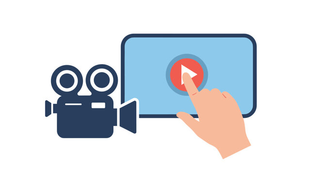 Human finger clicking a red play button on a digital tablet touchscreen next to a dark blue video camera icon.
