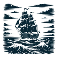 Sailing ship illustration with waves and clouds black and white engraving © MDMOGGEM